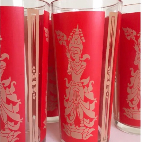Vintage Mid Century Modern Thai Goddess Lakshmi Tall Red Tumbler Glasses - 9 - Picture 3 of 5